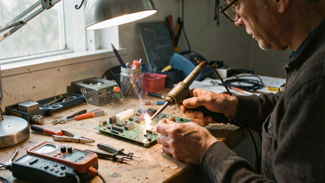 Scheda elettronica aperta su un banco da lavoro con saldatore acceso, pinzette e multimetro, mani di un tecnico al lavoro sotto una lampada da tavolo