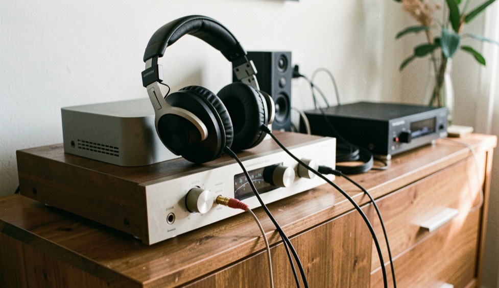 Cuffie circumaurali appoggiate su un amplificatore con manopole di controllo e cavi audio collegati, sopra un mobile della catena stereo di casa