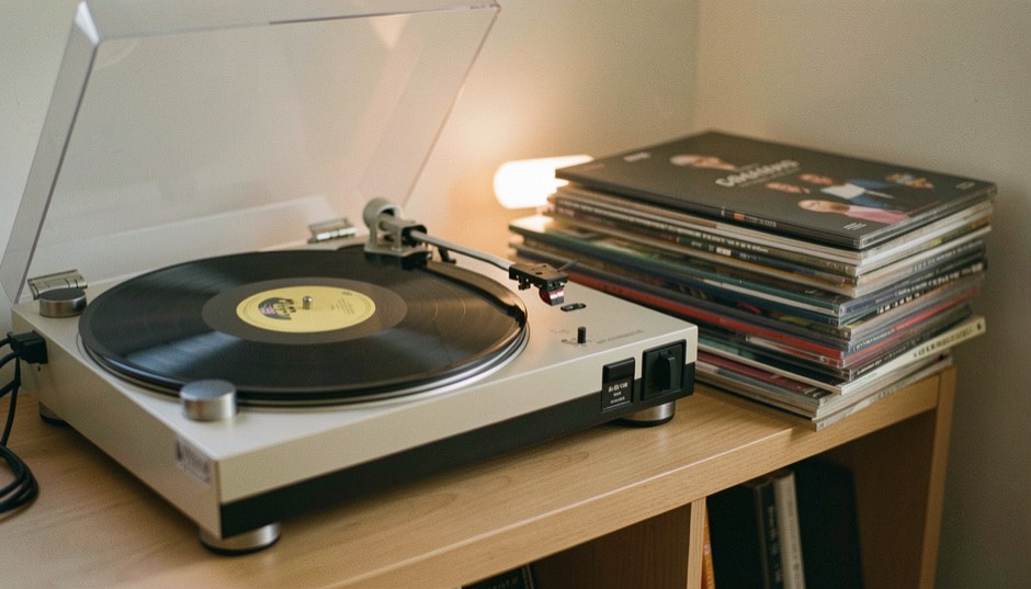 Giradischi con un disco in vinile che gira e il braccio appoggiato sul solco, custodie di dischi impilate accanto sul mobile in luce calda