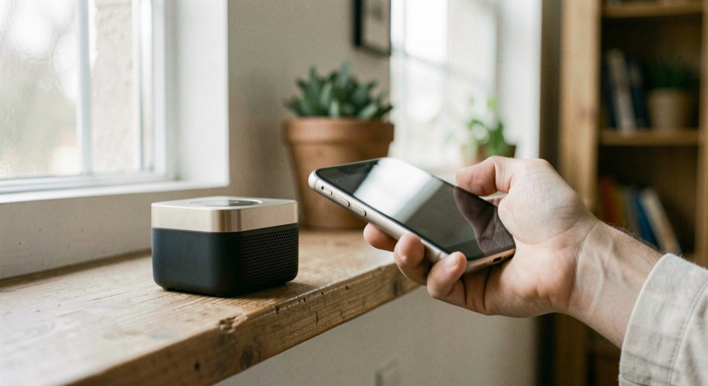 Piccola cassa wireless su una mensola di casa accanto a una mano che regge uno smartphone, sfondo domestico sfocato e luce naturale di finestra