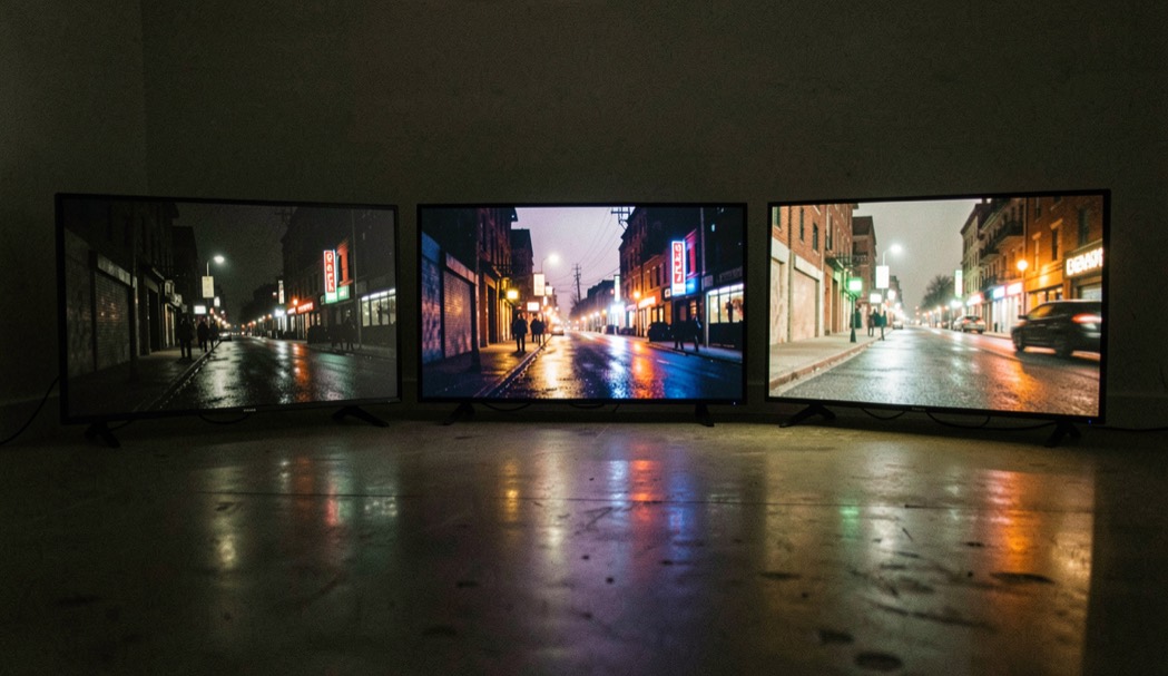 Tre schermi televisivi affiancati in una stanza buia che mostrano la stessa scena notturna con neri e colori diversi, riflessi sul pavimento
