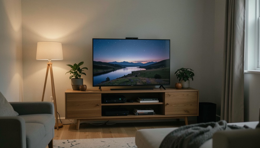 Televisione moderna su un mobile basso che mostra un paesaggio notturno, salotto in penombra con una lampada accesa in un angolo della stanza