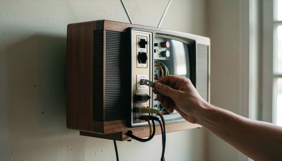 Retro di una televisione appesa al muro con le porte di collegamento in ombra, una mano avvicina un connettore piatto alla presa, luce radente