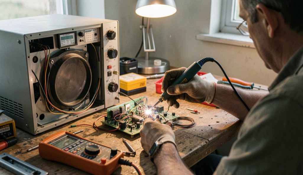 Piano di lavoro con saldatore a punta fine, multimetro e scheda elettronica aperta durante la riparazione di un apparecchio, luce di lampada