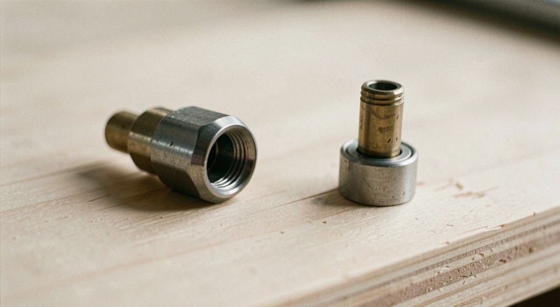 Due connettori metallici affiancati in primo piano su un piano di legno chiaro, uno inserito in un piccolo adattatore, luce radente sul metallo